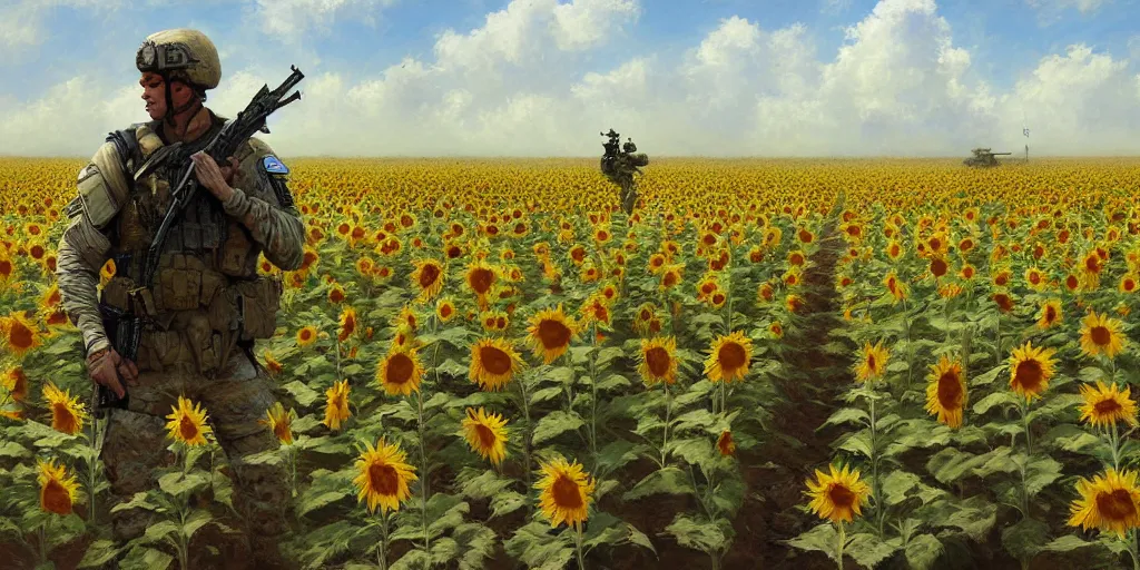 Image similar to Special forces soldier stands in a sunflower field by Daniel F. Gerhartz and Craig Mullins