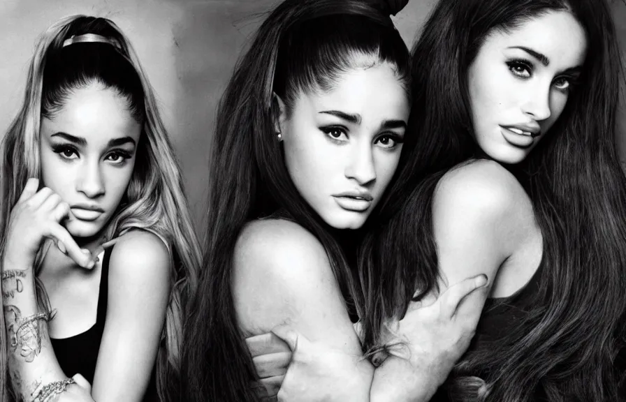 Image similar to award winning photo of Ariana Grande together with Megan Fox, symmetrical face by Sally Mann & Arnold Newman