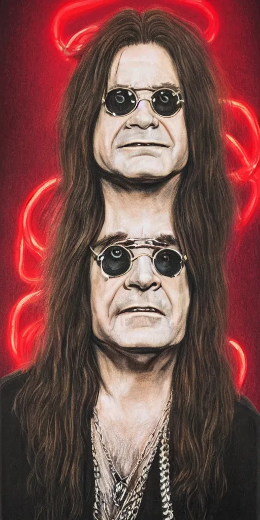 Image similar to detailed portrait of Ozzy Osbourne, neon light, hyper realistic, with horns on his head