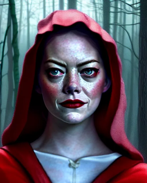 Image similar to hyperrealistic mixed media painting of Emma Stone as little red riding hood, dark foggy forest background, stunning 3d render inspired art by P. Craig Russell and Barry Windsor-Smith + perfect facial symmetry + dim volumetric lighting, 8k octane beautifully detailed render, post-processing, extremely hyperdetailed, intricate, epic composition, grim yet sparkling atmosphere, cinematic lighting + masterpiece, trending on artstation, very very detailed, masterpiece, stunning