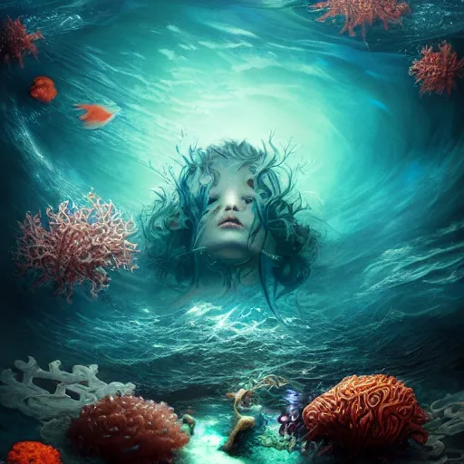 Image similar to beautifully stunning eye submerged in the depths of the ocean, james jean, brian froud, ross tran, ultra detailed, atmospheric, epic composition, coral reef, cinematic, unreal engine, flares, particles, volumetric light