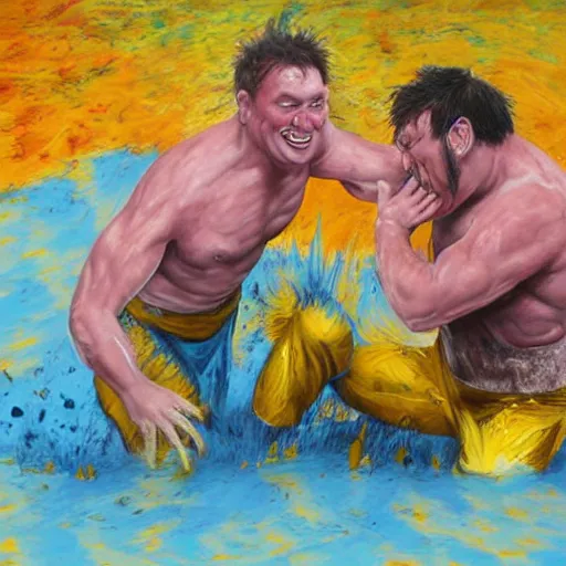 Image similar to 3 drunks fall over mud - wrestling,, oil painted ( ( ( ( ( ( by jeef koons ) ) ) ) ) )