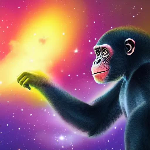 Image similar to a chimpanzee floating through outer space reaching out and touching nebula with it's finger, digital art, 8k