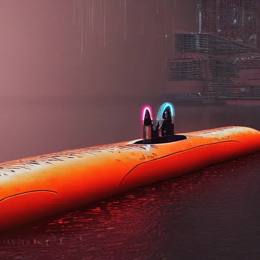 Prompt: a submarine with orange led glow stripes, wandering in the river, asia, cyberpunk, japan, land, rain, dark, lostus flowers, octance render, artstaion