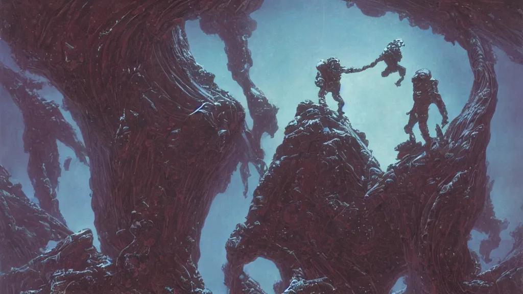 Prompt: a dark space alien is encountered during a space walk on planet Enduria b, in the style of Wayne Barlowe