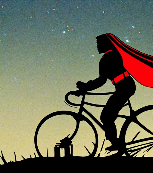 Image similar to superman riding a bike across the full moon as silhouette, from the movie e. t. the extra terrestrial, with dark trees in foreground, cinematic frame by steven spielberg, hd