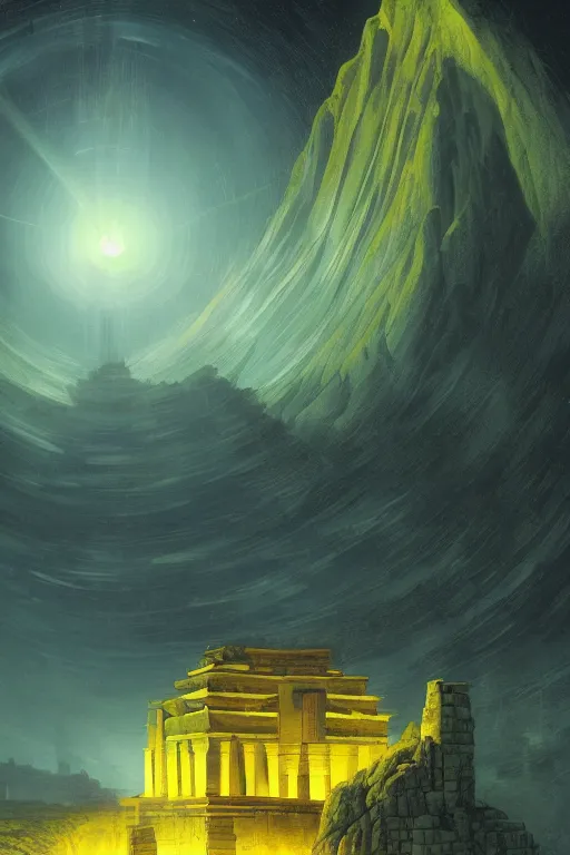 Image similar to yellow glowing ancient temple, green hills, star trails, dramatic lighting, artstation, matte painting, caspar david friedrich, ralph mcquarrie