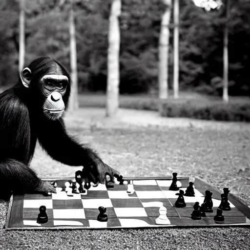 Prompt: black and white portrait photo of a chimpanzee playing chess in a park by annie liebovitz,