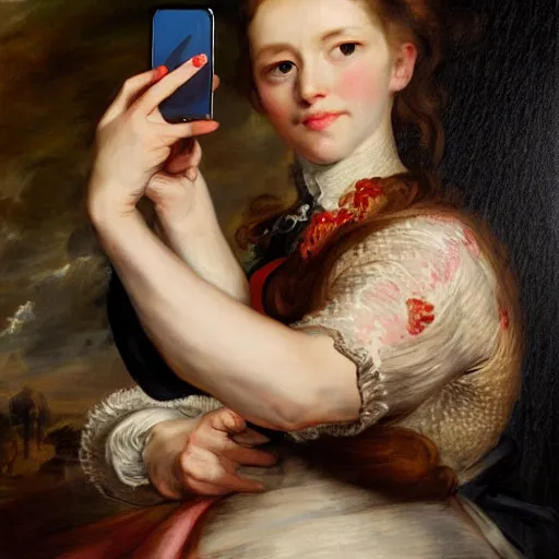 Image similar to heavenly summer sharp land sphere scallop well dressed lady taking a selfie with her iphone auslese, by peter paul rubens and eugene delacroix and karol bak, hyperrealism, digital illustration, fauvist, iphone