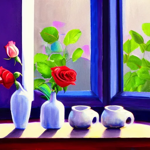 Prompt: A painting of a windowsill with two vases. One vase containing a red rose. And the other vase containing a blue violet. The natural light from the window would be shining in on the scene. Trending on artstation