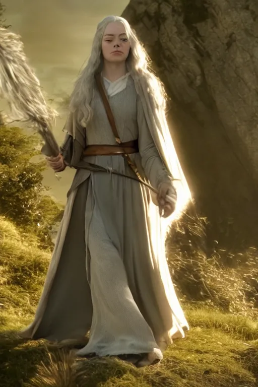 Prompt: film still of emma stone as gandalf in lord of the rings movie, glamour pose, dramatic lighting, octane, volumetric lighting, 8 k