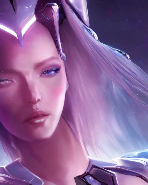 Image similar to perfect android girl on a mothership, warframe armor, beautiful face, scifi, futuristic, galaxy, nebula, raytracing, dreamy, long white hair, blue cyborg eyes, sharp focus, cinematic lighting, highly detailed, artstation, divine, by gauthier leblanc, kazuya takahashi, huifeng huang