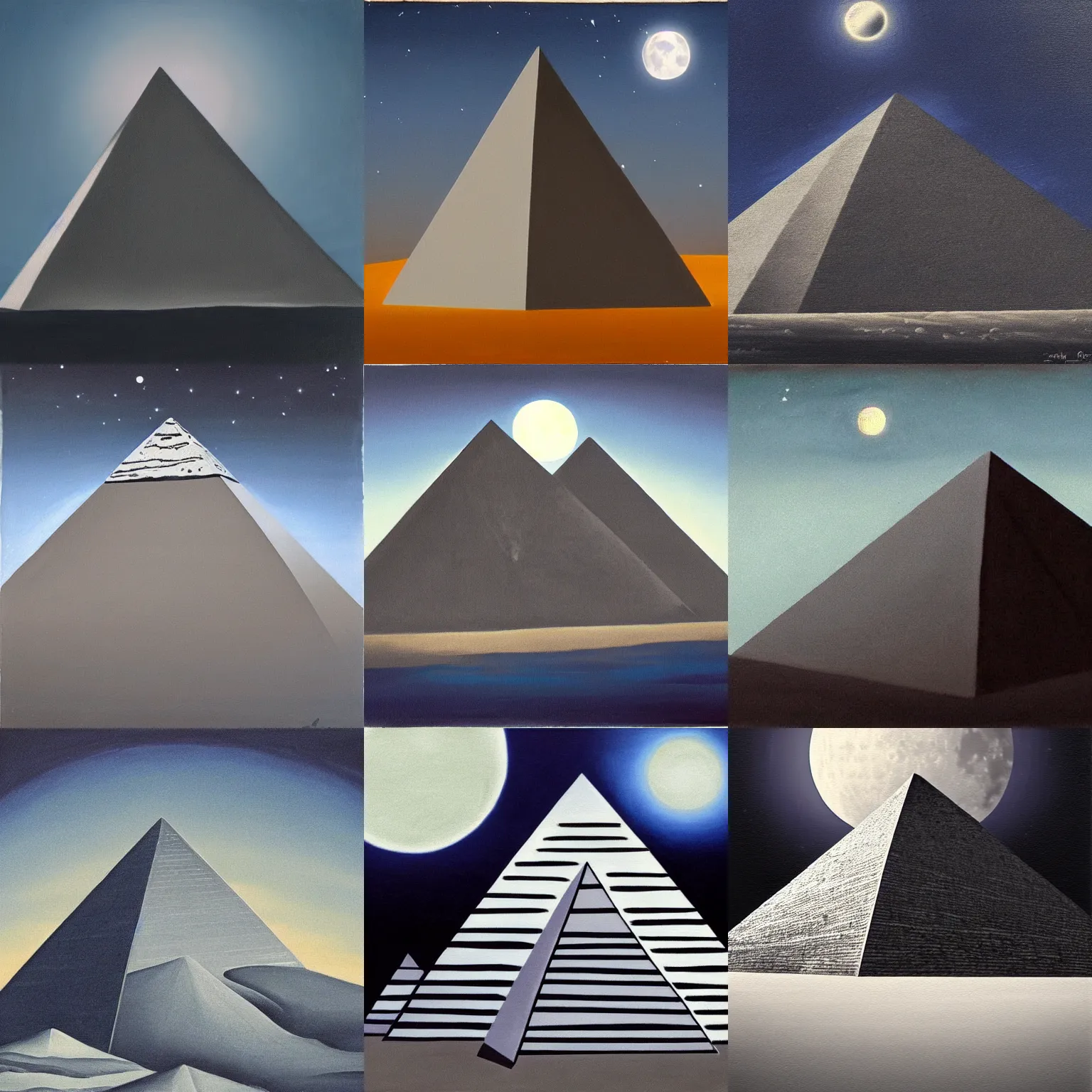 Prompt: a gray pyramid under the moonlight. surrealist painting, nighttime, blue sky, trending on artstation, art deco painting
