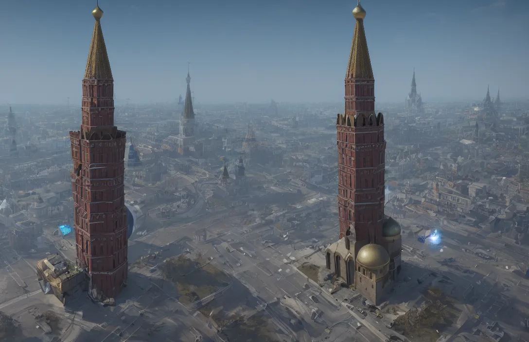 Prompt: rocket in the form of the kremlin tower start!!!, unreal engine 5, insanely detailed, raytracing, octane, unreal engine, trending on artstation