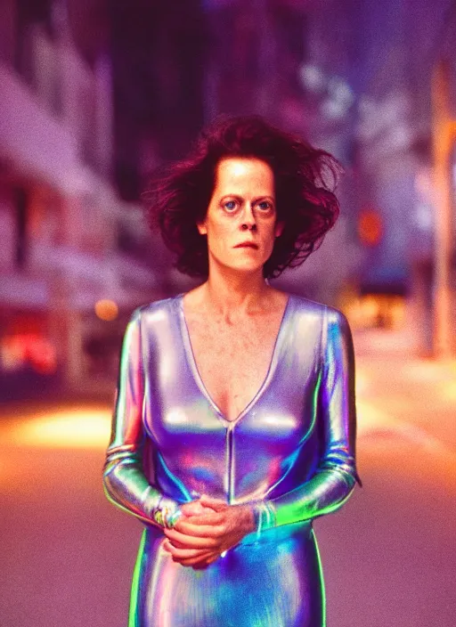 Image similar to A hyper realistic and detailed head portrait photography of Sigourney Weaver in iridescent dress on a futuristic street. by Annie Leibovitz. Neo noir style. Cinematic. neon lights glow in the background. Cinestill 800T film. Lens flare. Helios 44m