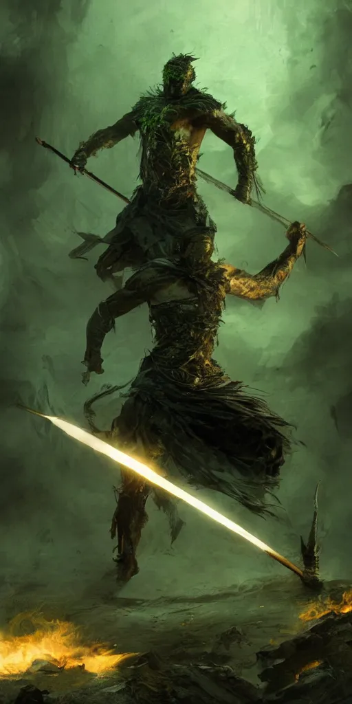 Prompt: a man with a missing an arm holding a spear made entirely of green fire wearing a leather cloak fighting a bad guy made of black smoke, dramatic lighting, cinematic, establishing shot, extremely high detail, photo realistic, cinematic lighting, post processed, concept art, artstation, matte painting, style by eddie mendoza, raphael lacoste, alex ross