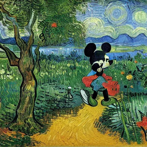 Prompt: mickey mouse entering the garden of eden, oil painting by van gogh, masterpiece