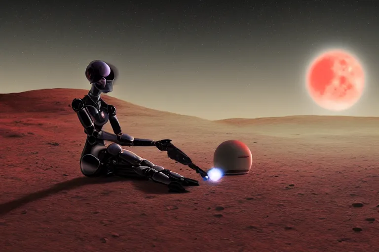 Image similar to a beautiful girl robot sitting on mars relaxing, red lighting, mist, digital art,