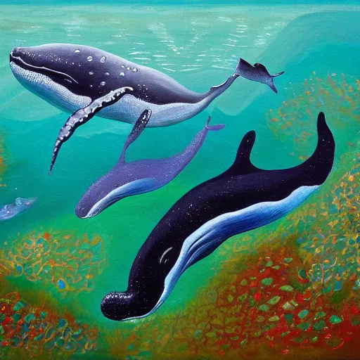 Image similar to whales underwater with scattered rubies, emeralds and topaz, oil painting