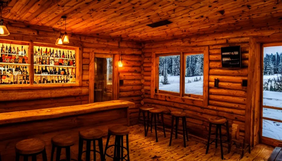 Prompt: empty cozy bar in small cabin, warm, outside winter landscape