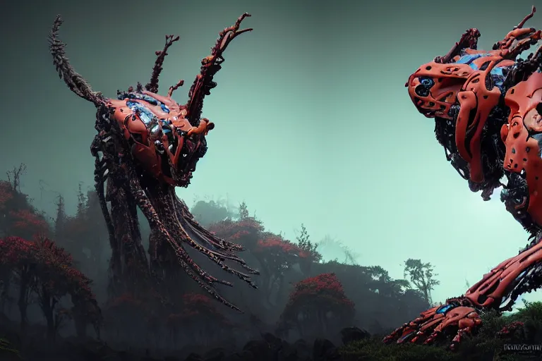 Image similar to portrait of a posed hyper detailed complex, plowhorn evangelion realistic mechanical and fleshy organic creature similar look as horizon forbidden west horizon zero dawn bioluminiscence in a dark deep forest at dawn in spring, with reflection and textures, by kilian eng, substance painter reaslitic mech surface metal painted scratches