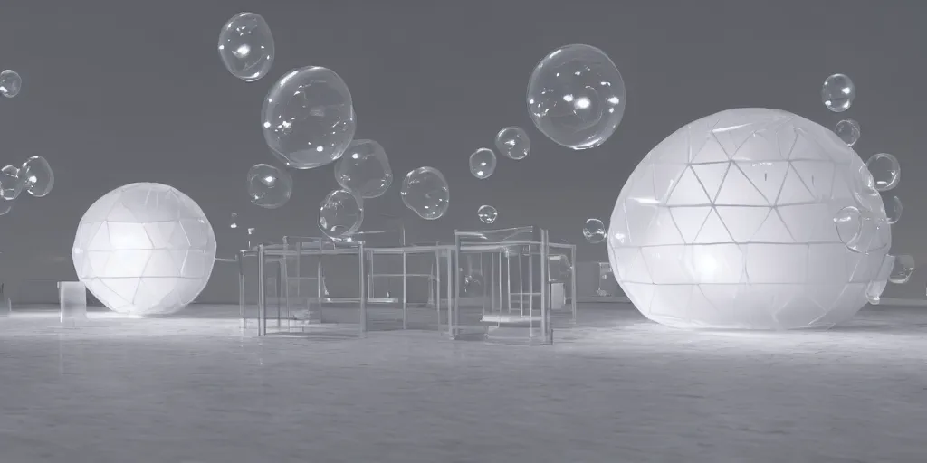 Prompt: bubble - type opaque white molecular building, molecule, white membrane structure night view flurry 8 k with furniture octan render unreal 5