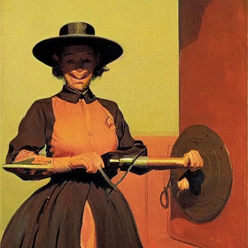 Prompt: A illustration. A rip in spacetime. Did this device in her hand open a portal to another dimension or reality?! cinnamon by Frederic Remington, by Ed Binkley soft