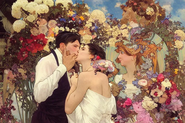 Image similar to the groom kisses the bride at a wedding full of flowers, bright and happy, dreamlike art, highly detail, 4 k realistic, wedding photoy krenz cushart. artem demura. alphonse mucha. yoji shinkawa artgerm. jon lothian. danilo torres. adi meyers. thomas reimann. gaston bussiere.