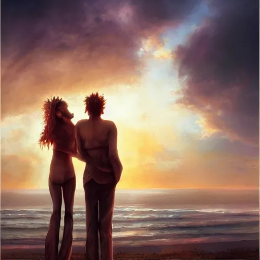 Image similar to couple of love watching sunset, by lise deharme,