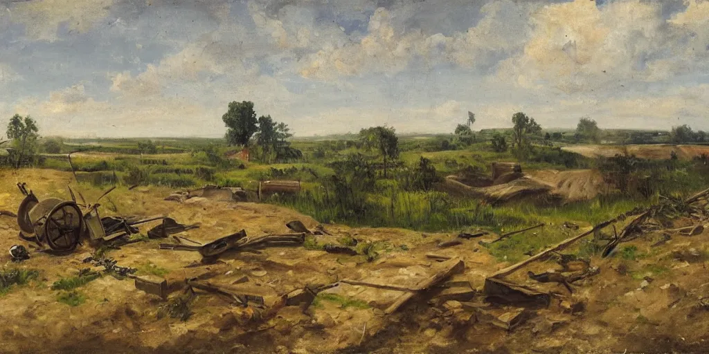 Image similar to landscape scene of an eastern front battlefield, summertime, distant destroyed smoking tank, sandbags, trenches, craters, romanticist oil painting