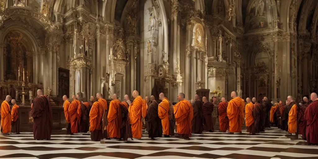 Prompt: beautiful oil matte portrait painting, monks holding a church ceremony inside a baroque cathedral, wonderful masterpiece highly detailed, beautiful cinematic light deep focus, elegant, digital painting, smooth, sharp focus, golden ratio, dramatic illumination, ultra realistic, 8 k, art by giovanni bellini and caravaggio