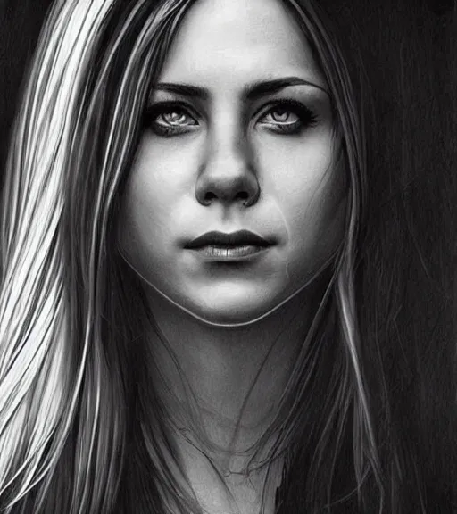 Prompt: aniston, beautiful piercing eyes, realistic face, black and white drawing, in the style of greg rutkowski, fantasy, amazing detail, epic, intricate, elegant, smooth, sharp focus
