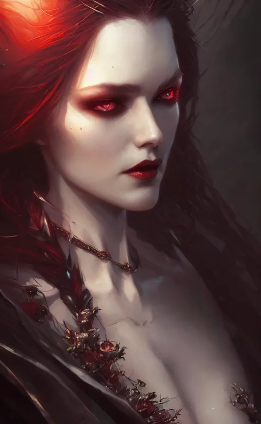 Image similar to desirable Vampire woman, fantasy, intricate, elegant, highly detailed, digital painting, artstation, concept art, matte, sharp focus, illustration, art by artgerm and Greg Rutkowski, dreadjim, zeen chin