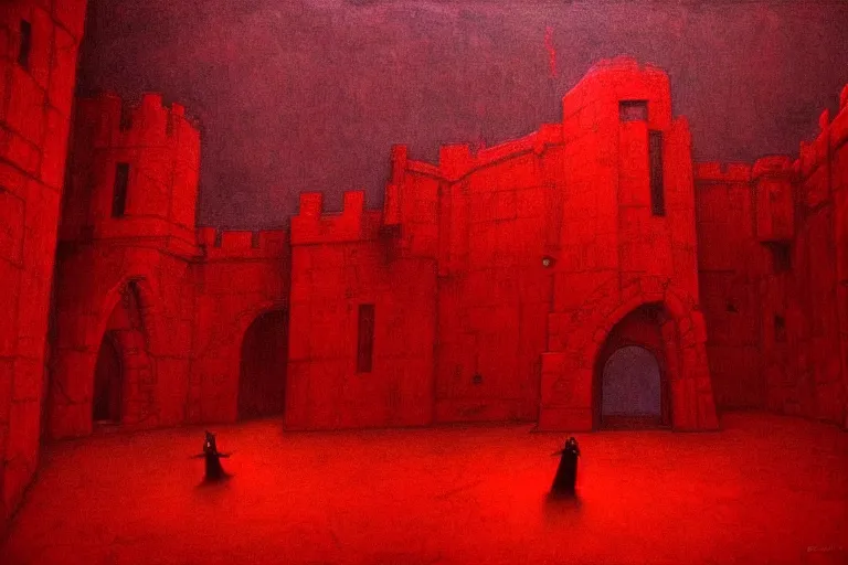 Prompt: only with red, in a red dream world, a crimson tiger, a castle in the background, medieval demons, in the style of beksinski, part by hopper, part by rodcenko, part by hofbauer, intricate composition, red by caravaggio, insanely quality, highly detailed, masterpiece, red light, artstation