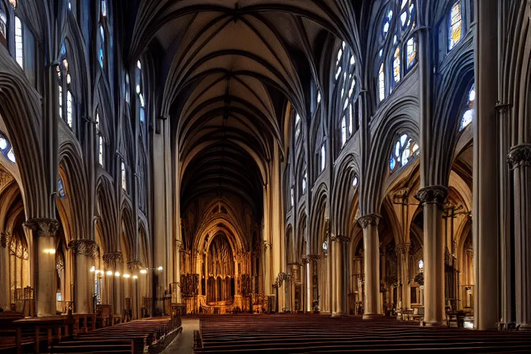 Image similar to highly detailed illustration of the cathedral of saint matthew the apostle, artstation, interior shot, washington dc, cinematic lighting, hyperdetailed, cgsociety, 8k, high resolution, insanely detailed and intricate