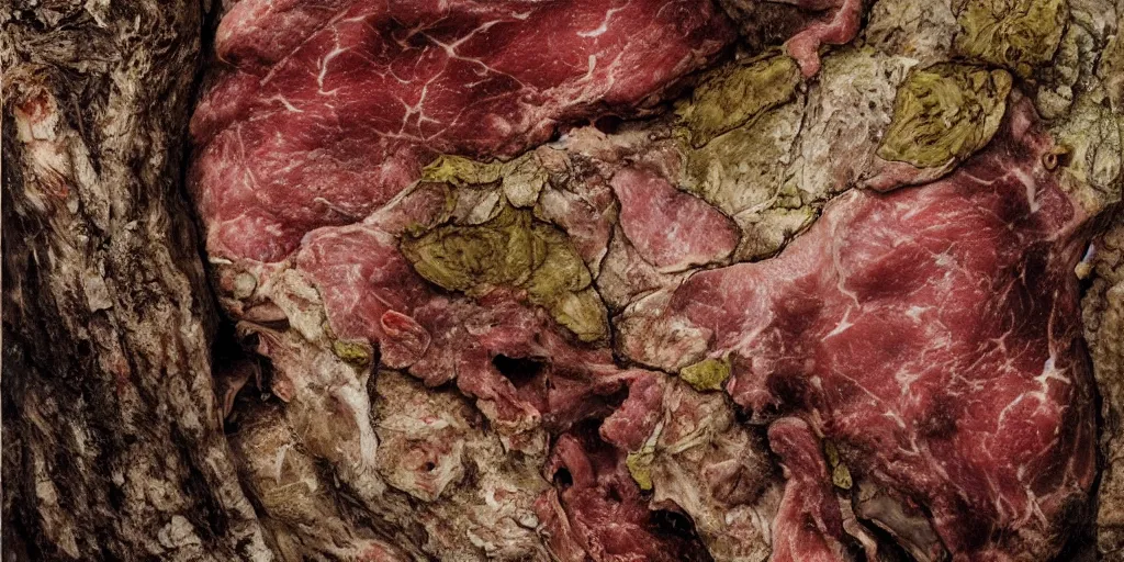 Prompt: details of lichens growing under flesh and skin, meat, skin texture details, painit texture, wrinkles and muscle tissues, stab wound, oil on canvas, 4k, 8K, photorealistic, soft light, cinematic lighting, sharp, contrasting, dramatic light