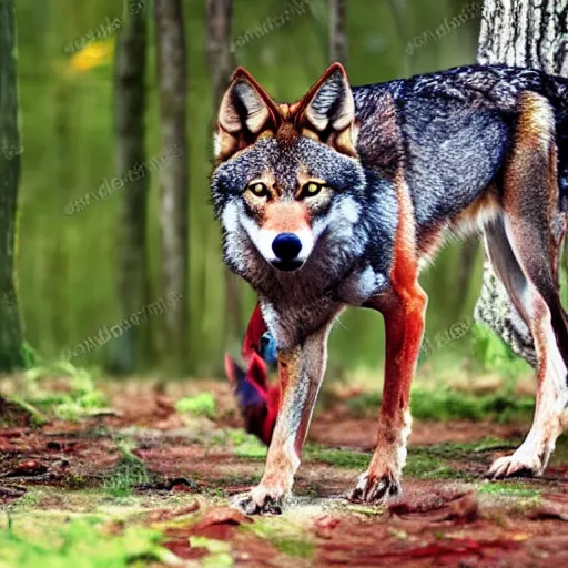 Prompt: red wolf playing in the forest