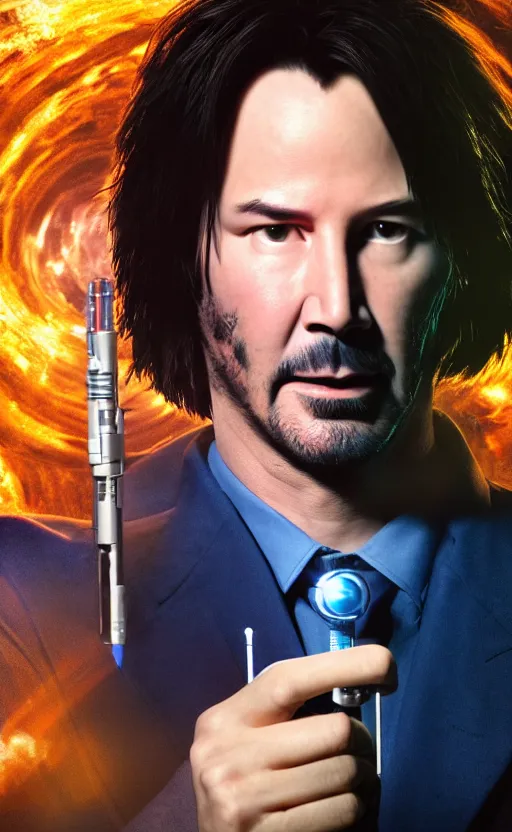 Image similar to portrait of Keanu reeves as 10th Doctor Who in the TARDIS with sonic screwdriver, Photo, High details, 8k, DSLR, long shot