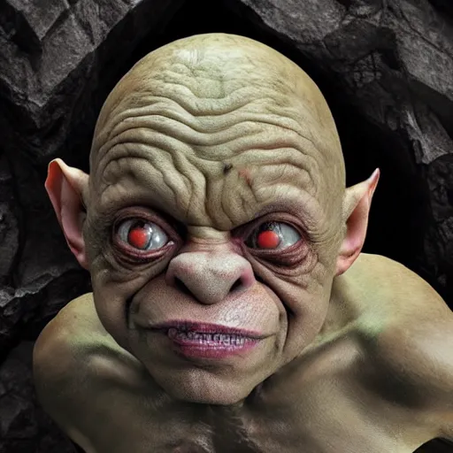 Prompt: hyperrealistic mixed media high resolution painting of (Danny DeVito) Gollum perched in a dark cave, stunning 3d render inspired art by Jamie Salmon and István Sándorfi and Unreal Engine and Greg Rutkowski, perfect facial symmetry, dim volumetric lighting, 8k octane beautifully detailed render, full body shot, post-processing, extremely hyper-detailed, intricate, epic composition, highly detailed attributes, highly detailed atmosphere, cinematic lighting, masterpiece, trending on artstation, very very detailed, masterpiece, stunning, flawless completion, lifelike texture, perfection,