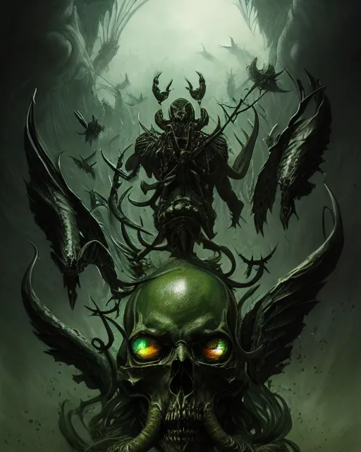 Image similar to concept art by artgerm, pestilence of the four horsemen of the apocalypse, soft green natural light, intricate, skulls of war, highly detailed dark art, digital painting, artstation, concept art, smooth, sharp focus, illustration, art by greg rutkowski and luis rollo and uang guangjian and gil elvgren, symmetry!