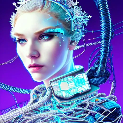 Image similar to high quality, high detailed portrait of a snow queen cyberpunk character in a futuristic world, snow crush. hyperrealism, intricate details, cables, wires, elaborate futuristic crown. connectors led. tristan eaton, victo ngai, artgerm, rhads, ross draws, alphonse mucha, pastel colors, vintage, artstation, vector. 8 k