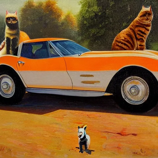 Image similar to corvette with cats sitting in and on the car, old dutch painting, golden hour, shadows, wide shot