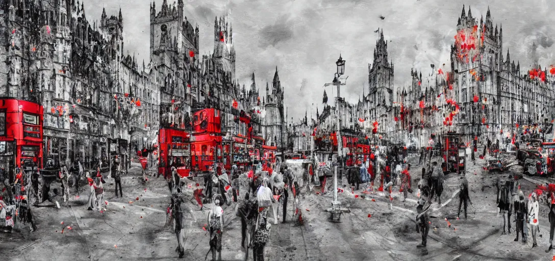 Image similar to A British European City with cars and people roaming inside of the city, certain aspects of the background are lens blurred, splatters of red on the border of the image, some of the people are even painted red, black and white photograph painting, real life, realistic, hyperrealistic, very realistic, photo photograph, photo, photograph, painting, oil painting, ultra realistic, very detailed, extremely detailed, highly detailed, HD Quality, 4k resolution, 8k resolution, trending on artstation, in the style of an Album Cover, cool, epic, nostalgic, intricate details