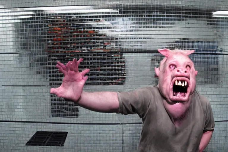 Image similar to crazed demonic pig - faced man in dirty chefs clothes waving into the camera. cctv security camera photograph. 8 k resolution photorealistic