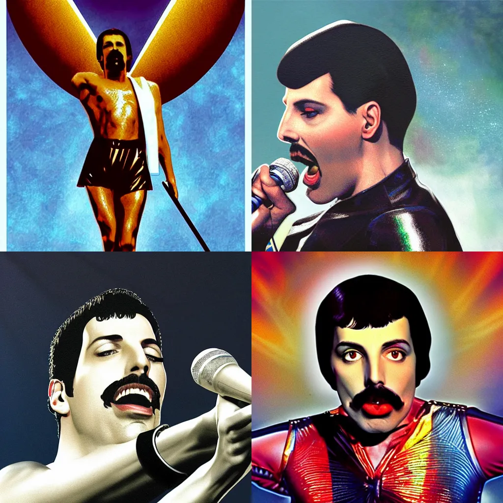 Prompt: Freddie Mercury in concert singing as a christian saint, halo, microphone, digital art, realistic, detailed, sharp