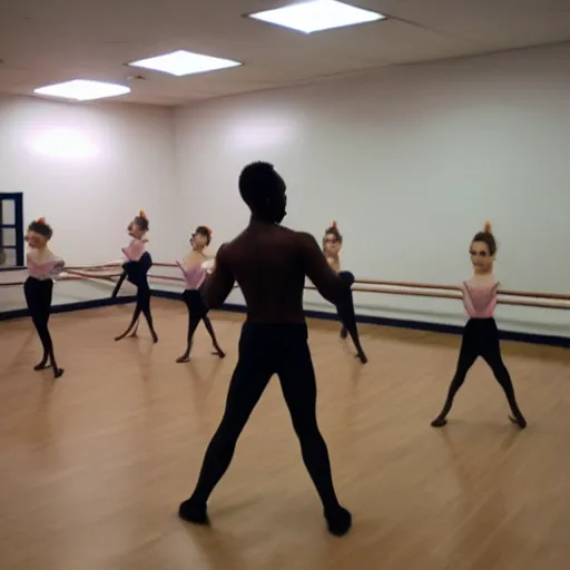 Prompt: Mr. T wearing a frilly tutu and practicing ballet in a dance studio by himself