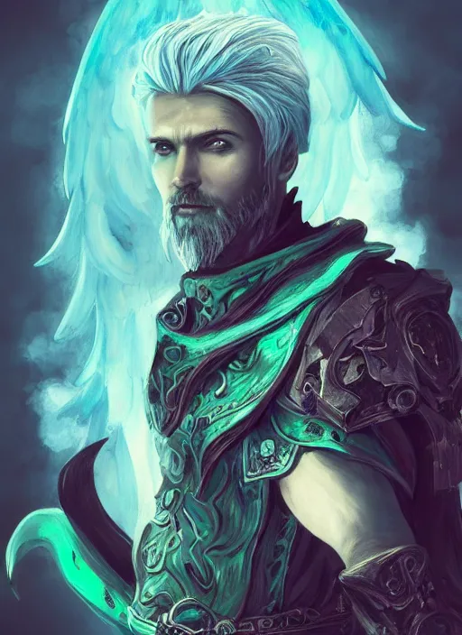 Prompt: An epic fantastic realism comic book style portrait painting of an aasimar hexblade warlock, male, grand angel wings, teal energy, silver hair, short beard, embers flickering, D&D Concept Art, unreal 5, DAZ, hyperrealistic, octane render, cosplay, RPG portrait, dynamic lighting