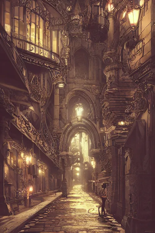 Image similar to steampunk paris, intricate details, realistic shaded , steampunk, highly detailed, artstation, pretty pretty face, illustration by Schuiten, art nouveau, octane render, dynamic light, volumetric light, neon lights, cinematic mood