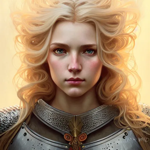 Image similar to Portrait of a girl with blonde wavy hair wearing a heavy knight armor, face, fantasy, intricate, elegant, highly detailed, digital painting, artstation, concept art, smooth, sharp focus, illustration, art by Wei Fan and Fernanda Suarez and Artem Demura and alphonse mucha