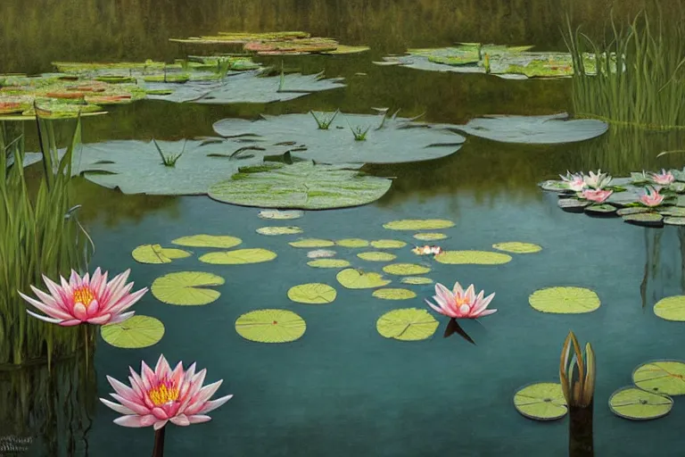 Image similar to pale teal rain beside pond with waterlilies, fantasy, intricate, elegant, dramatic lighting, emotionally evoking symbolic metaphor, highly detailed, lifelike, photorealistic, digital painting, artstation, concept art, smooth, sharp focus, illustration, art by John Collier and Albert Aublet and Krenz Cushart and Artem Demura and Alphonse Mucha